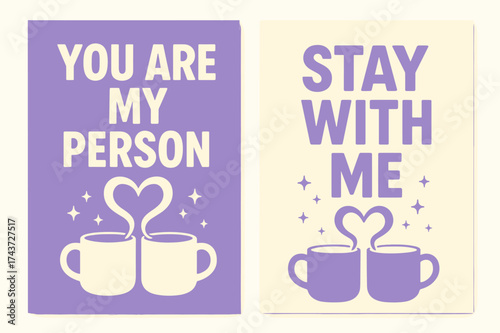 Heartwarming Coffee Banners. Companion. Two vertical A6 banners, bold, lavender and cream backgrounds, two mugs with steam forming a heart and tiny sparkles,