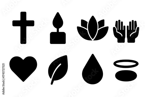 Sanctuary Icon Set. Sanctuary. Filled icon set of Sanctuary: cross, candle flame, lotus, open hands, heart,