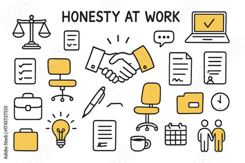 Honesty Office Icons. Honesty at Work. Hand-drawn doodle illustration honesty at work handshake (accented), scales of justice, laptop (accented), checklist,