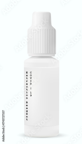 White dropper bottle containing SARS-CoV-2 RNA extraction reagent. Essential element for lab sample preparation (swab) for rapid and accurate COVID-19 PCR diagnostics. Molecular biology