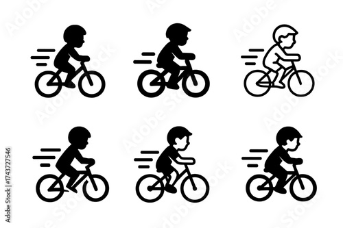 Cycling Logo Variations. Children playing sports or engaging in physical activities. Set Logo of cycling: child riding a bicycle with motion lines. harmonious