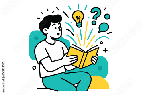 Glowing Ideas Burst. Sudden Inspiration. A character holding a glowing book with abstract floating ideas and light streaks bursting upward. Modern flat-line