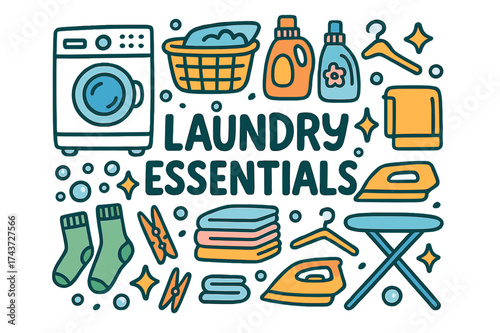 Laundry Doodle Delight. Laundry Essentials. Hand-drawn doodle illustration of Laundry Essentials. Washing