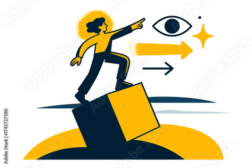 Glowing Perspective Shift. Shift in perspective. Person glowing while standing on top of tilted cube, seeing new horizon. Floating icons of eye, arrow, and