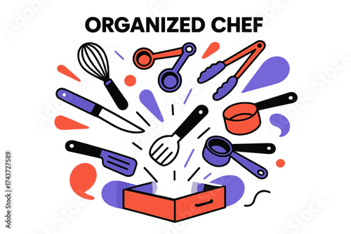 Floating Kitchen Tools. Cooking tools and gadgets. Abstract kitchen drawer glowing with floating utensils,