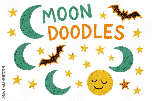 Playful Moon Doodles. Moon Doodles ? Doodle / Sketch, playful rough hand-drawn strokes, tilted casual layout, doodle moons, stars, and bats