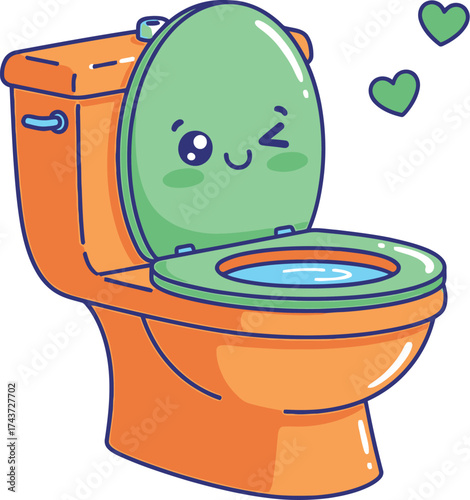 Cartoon toilet bowl illustration with cute face and heart icon editable