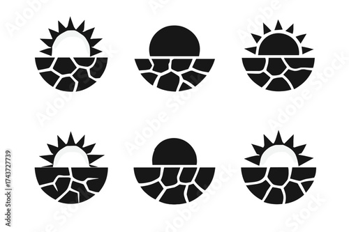 Drought Sun Logos. Natural disasters. Set Logo of drought sun and cracks: Abstract geometric, Filled silhouette, Symmetrical form, Negative space, Stylized