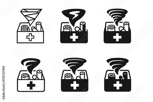 Emergency Kit Logos. Tornado-prone regions and disaster preparedness. Set Logo of emergency kit: box with first aid and survival tools. harmonious logo