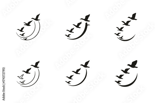 Bird Migration Logos. A flock of birds migrating across the sky at sunset, silhouetted against the colorful horizon. Set Logo of migratory path: curved