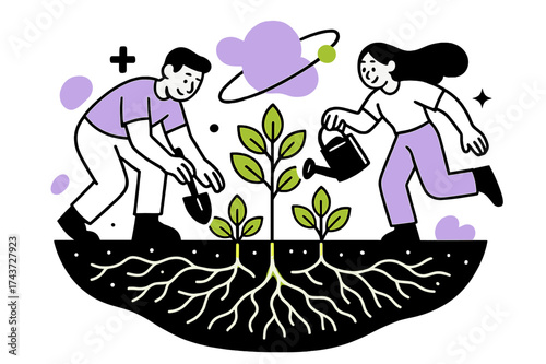 Vibrant Eco Network. Reforestation efforts. Tree roots glowing like network lines beneath the ground,