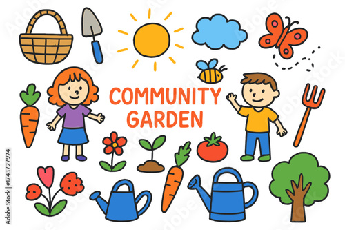 Whimsical Garden Doodles. Community Garden. Colorful Hand-drawn doodle Children illustration basket, shovel, rake, watering can, sprout, carrot, tomato,