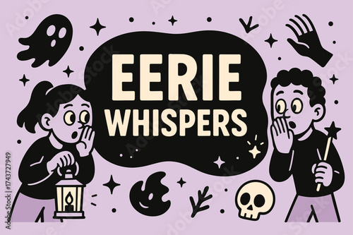 Eerie Whispers Banner. EerieWhispers banner, flat vector illustration, bold oversized text inside rounded blob, cartoon characters whispering and peeking near