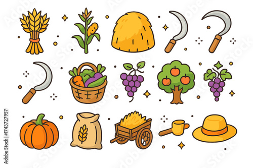 Isometric Harvest Icons. Harvest Time. Colorful isometric vector icons set of Harvest Time: wheat sheaf, corn stalk, haystack, scythe, sickle, basket of