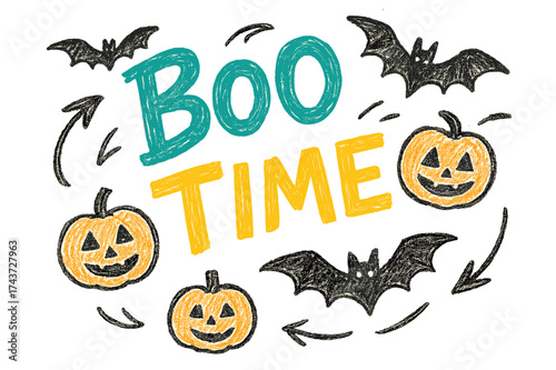 Playful Halloween Doodles. Boo Time ? Doodle / Sketch, playful rough hand-drawn strokes, tilted casual layout, doodle bats, pumpkins, and arrows scattered,