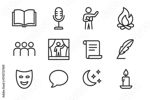 Cultural Storytelling Icons. Cultural storytelling nights. Line outline icon set of cultural storytelling