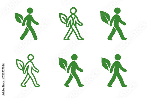 Eco Walking Path Logos. Sustainable urban transportation. Set Logo of walking path: human figure walking with eco leaf. harmonious logo variations of the same
