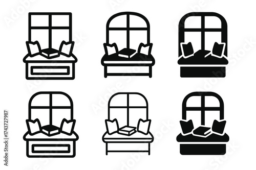 Reading Nook Logos. Setting up a reading nook with comfortable seating. Set Logo of window seat: cushions on a bench with book. harmonious logo variations of