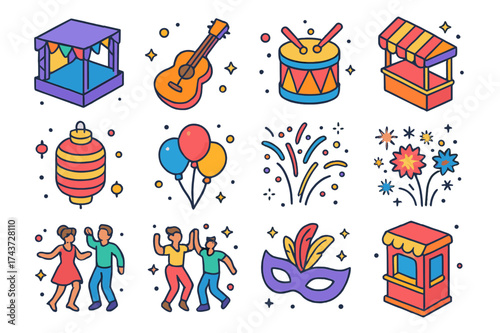 Vibrant Festival Icons. Street Festival. Colorful isometric vector icons set of street festival: street stage, guitar, drum, food stall, lantern, balloon,