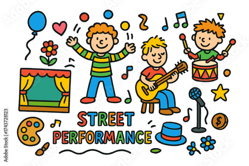 Vibrant Street Show. Street Performance. Colorful Hand-drawn doodle Children illustration juggler, guitar, drum, hat, star, heart, smiley face, music note,
