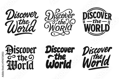 Creative Lettering Variations. Discover the World. Set lettering. harmonious lettering variations of the same emblematic concept, each with different artistic