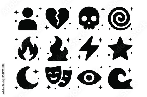 Emotional Icon Grid. Emotional aura. Solid icons set of Emotional aura: human silhouette, broken heart, skull, spiral, flame, smoke, lightning, star, crescent