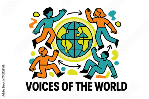 Global Unity Icons. Global Democracy. Globe glowing with connected abstract people icons around it, arrows