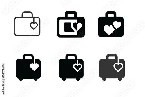 Romantic Logo Designs. Romantic getaways and vacations. Set Logo of Romantic getaways and vacations: Honeymoon suitcase with heart tag. harmonious logo