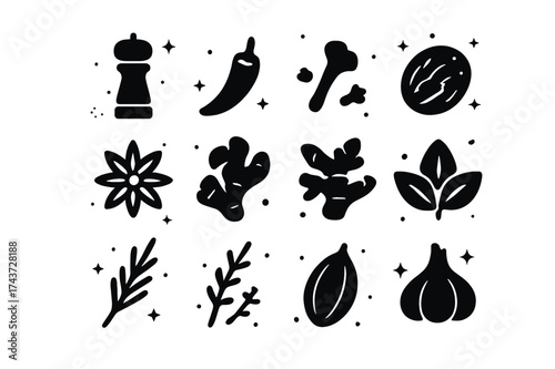 Mythical Spice Icons. Mythical Spices. Solid icons set of Mythical Spices: pepper grinder, chili pepper, clove, nutmeg, star anise, ginger root, turmeric root,