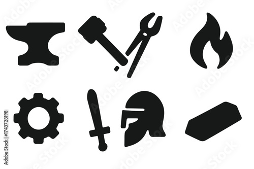 Blacksmith Tools Icons. Forge. Filled icon set of Forge: anvil, hammer, tongs, flame, gear, sword, helmet,