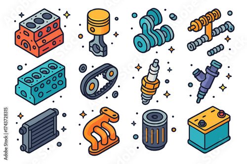 Colorful Engine Icons. Engine assembly. Colorful isometric vector icons set of engine assembly: engine block, piston, crankshaft, camshaft, cylinder head,