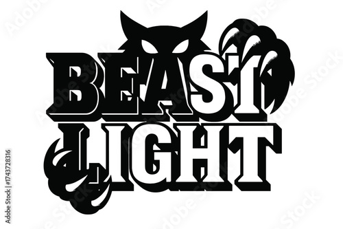 Beastly Bold Letters. Beast Light ? Bold Block Lettering, stacked uppercase with chunky geometric serifs, heavy outline and flat 3D shading, poster layout with