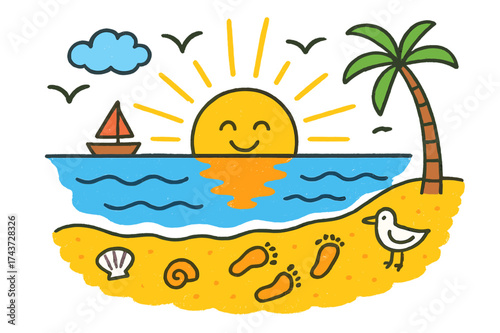 Sunrise Beach Doodle. Sunrise Over Water. Colorful Hand-drawn doodle Children illustration Sun peeking over the ocean, waves, reflection, beach, birds,
