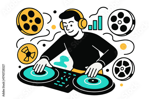 Electronic DJ Vibes. Electronic Film Music. A DJ-style figure creating beats with glowing turntables, abstract film reels and sound bars orbiting. Modern