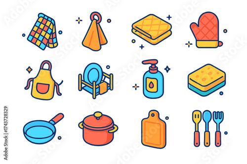 Colorful Kitchen Icons. Kitchen Towels. Colorful isometric vector icons set of kitchen towels: dish towel, hanging towel, folded towel, oven mitt, apron, dish