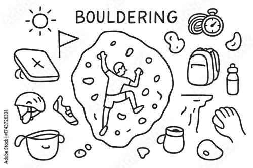 Bouldering Essentials Doodle. Bouldering. Hand-drawn doodle illustration bouldering rock, climber, crash pad, chalk bag, climbing shoes, helmet, backpack,