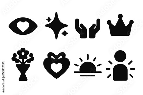 Symbols of Admiration. Admire. Filled icon set of Admire: eye with heart, shining star, open hands, crown,