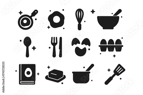 Egg Cooking Icons. Cooking with eggs. Solid icons set of Cooking with eggs: skillet, fried egg, whisk, bowl, spoon, fork, cracked egg, carton, recipe book,