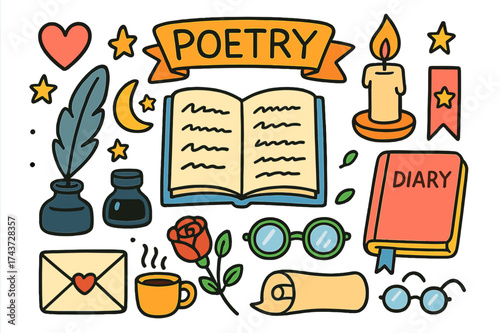 Whimsical Poetry Icons. Poetry. Colorful Hand-drawn doodle Children illustration Poetry open book, feather quill, ink bottle, scroll, candle, rose, heart,