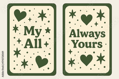 Affectionate Banner Design. Affection. Two vertical A6 banners with safe margins, centered composition, no elements touching edges, memphis style, olive green