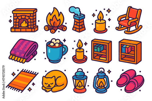Cozy Fireplace Icons. Cozy Fireplace. Colorful isometric vector icons set of cozy fireplace: brick fireplace, burning logs, chimney, rocking chair, wool