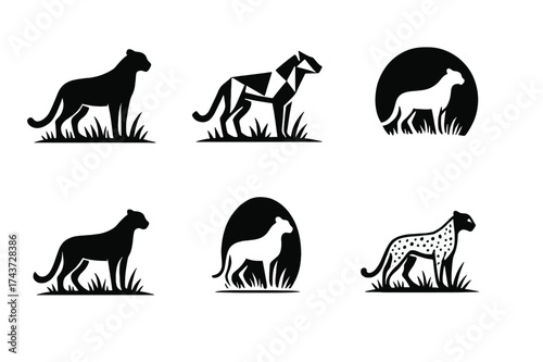 Cheetah Logo Variations. Cheetah. Set Logo of Cheetah: silhouette in grassland. harmonious logo variations of the same emblematic concept, each with different