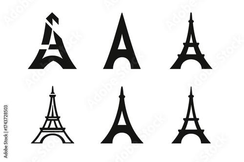 Cultural Landmark Logos. Travel destinations. Set Logo of cultural landmark: stylized Eiffel Tower or pagoda. harmonious logo variations of the same emblematic