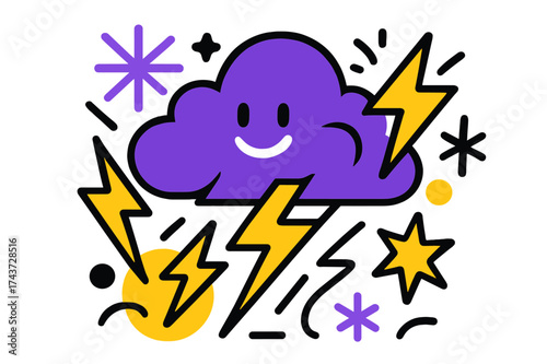 Glowing Thunderstorm Illustration. Rolling Thunder. A glowing storm cloud with abstract floating spark and lightning bolt shapes symbolizing energy and power.
