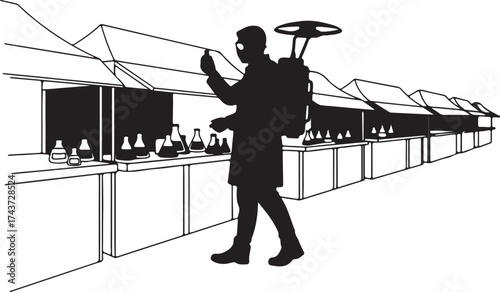 Silhouette of a person with a drone backpack and smartphone at a bustling outdoor market with vendor stalls and products displayed