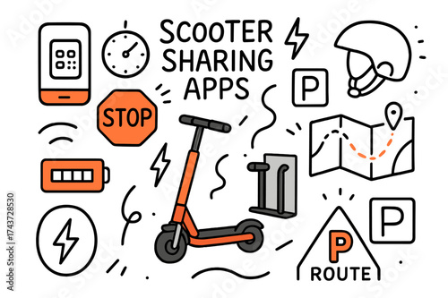 Electric Scooter Doodles. Scooter Sharing Apps. Hand-drawn doodle illustration electric scooter (colored), charging dock, smartphone with QR code (colored),