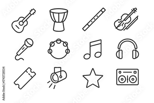 World Music Icons. World music nights. Line outline icon set of world music nights: guitar, drum, flute,