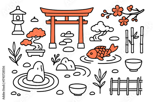 Japanese Aesthetic Icons. Japanese aesthetics. Hand-drawn doodle illustration japanese aesthetics torii gate (accented), bonsai (accented), lantern, koi pond