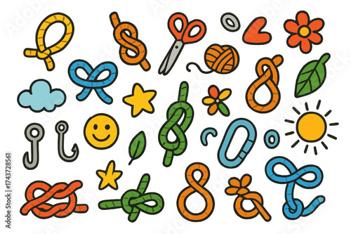 Colorful Knot Doodles. Knots. Colorful Hand-drawn doodle Children illustration rope, loop, knot, scissors, hook, carabiner, star, heart, smiley face, flower,