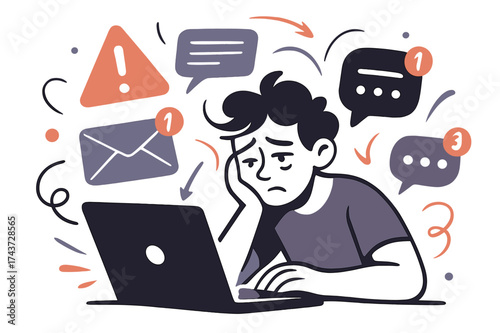 Digital Overload Chaos. Digital burnout. Person staring at glowing laptop with overwhelming notifications floating around. Floating icons of alerts, emails,